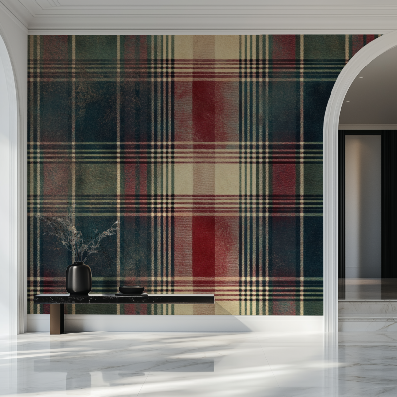 Tartan wallpaper in a cozy living room setting, highlighting the vintage Scottish pattern's warm tones