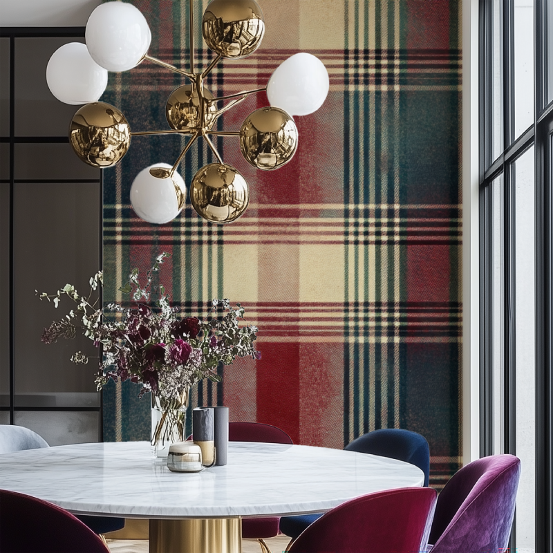Classic plaid wallpaper bringing character to a modern dining room space