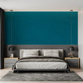 Teal wall mural in modern living room showcasing clean lines and contemporary furniture