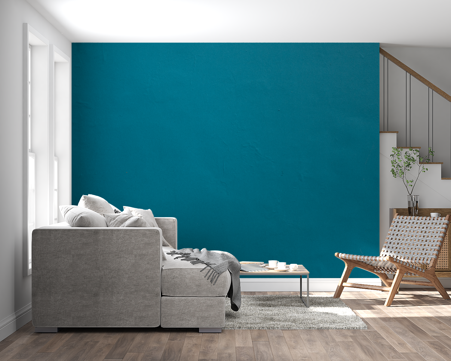 Home study decorated with teal wall mural highlighting sophisticated style
