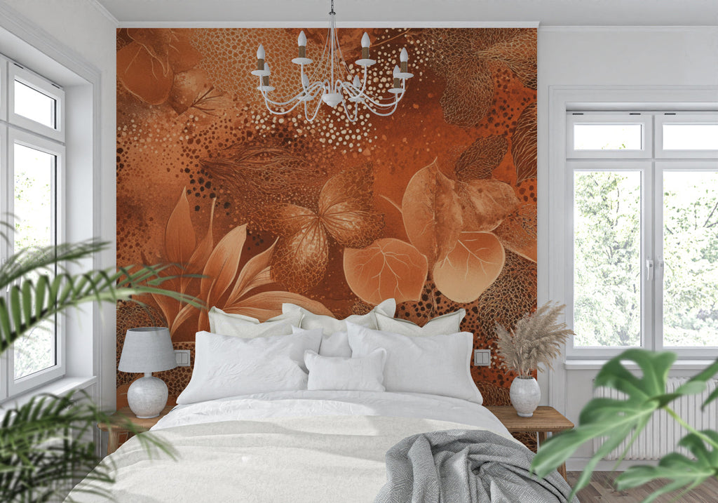 Modern home office featuring terracotta abstract wallpaper design