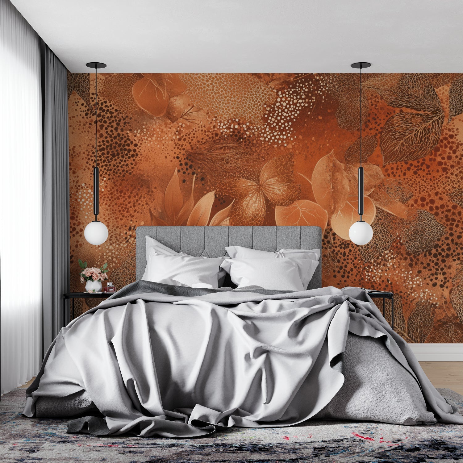 Abstract terracotta wall mural bringing warmth to a minimalist dining room