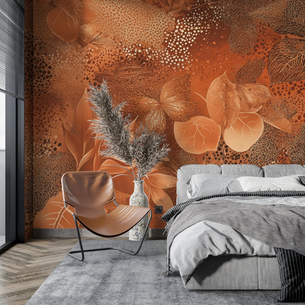 Botanical terracotta wallpaper in a cozy home office with wooden furniture