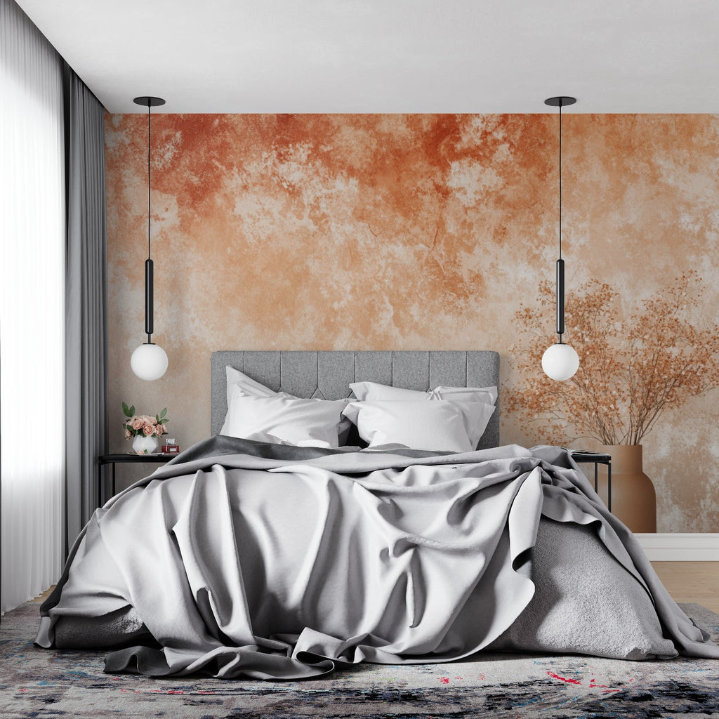 Abstract terracotta wall mural in minimalist bedroom showing flowing watercolor design
