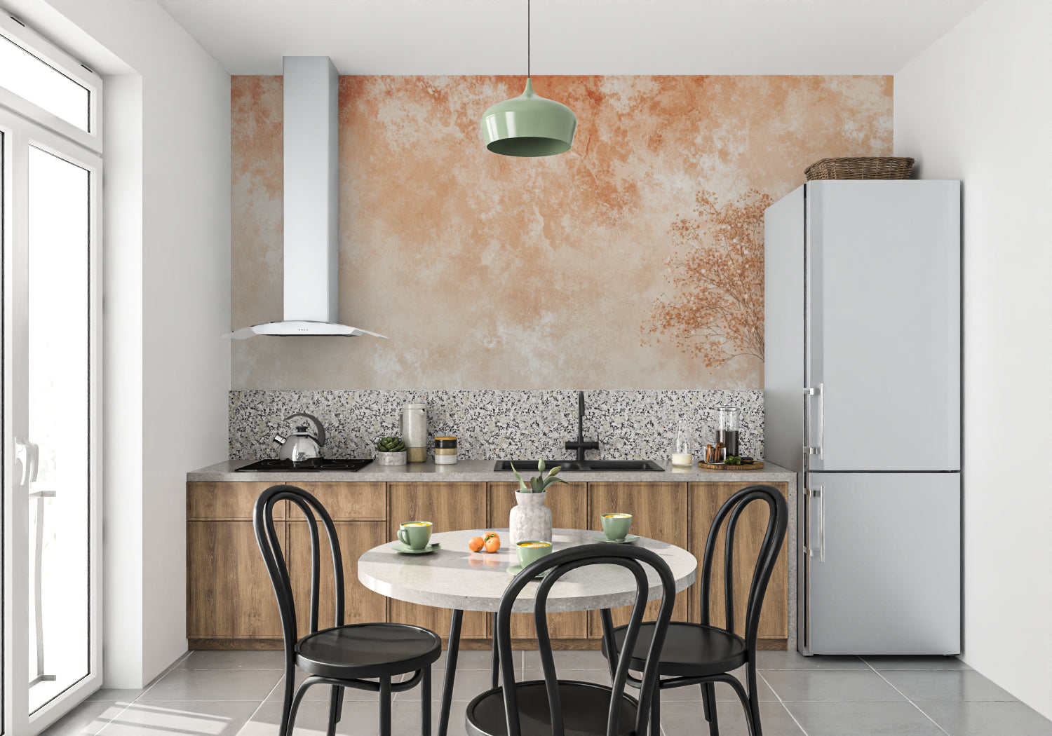 Home office with terracotta watercolor mural showing warm earth tones