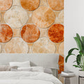 Terracotta mosaic wallpaper in modern dining room creates warm Mediterranean atmosphere