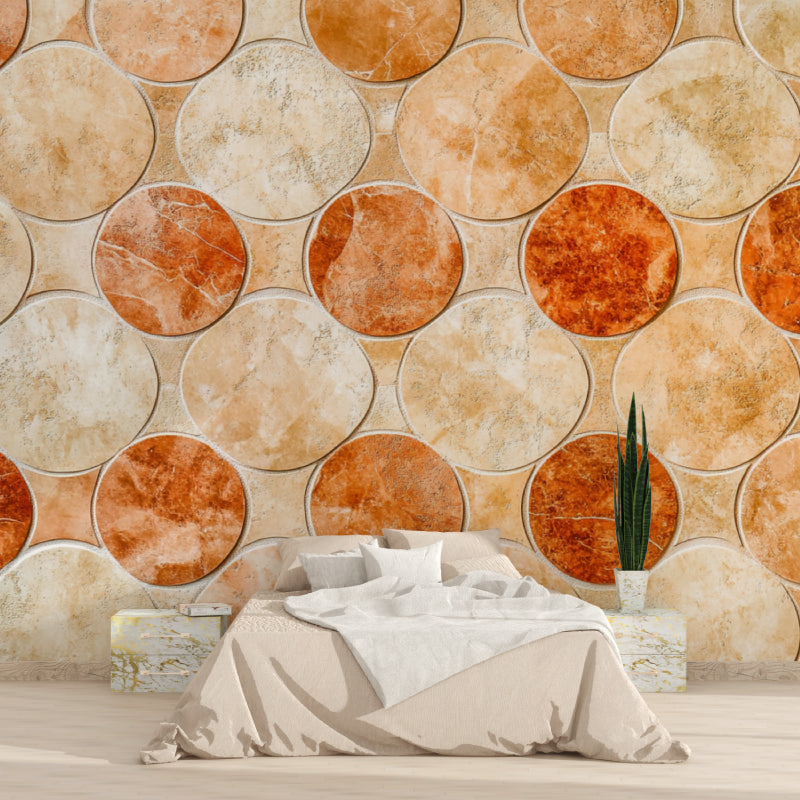 Circular terracotta wall design bringing warmth to minimalist living room