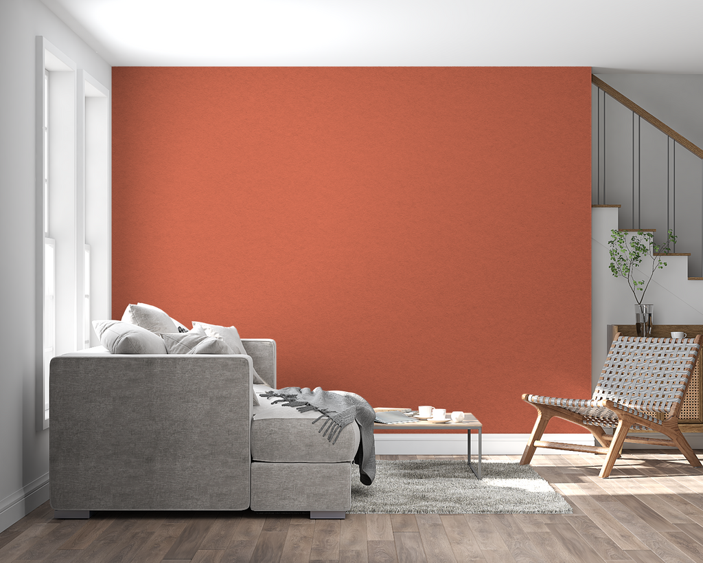 Terracotta wall mural in sunlit bedroom setting