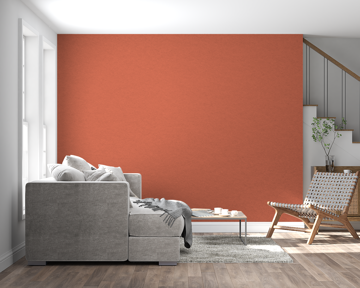 Terracotta wall mural in sunlit bedroom setting
