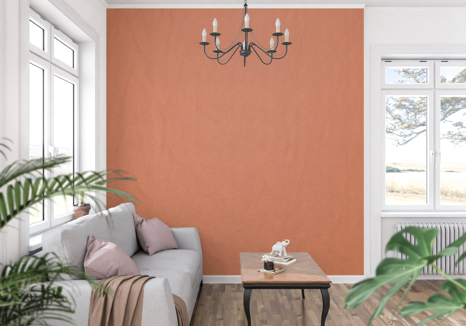Textured terracotta wallpaper in contemporary bedroom with morning light
