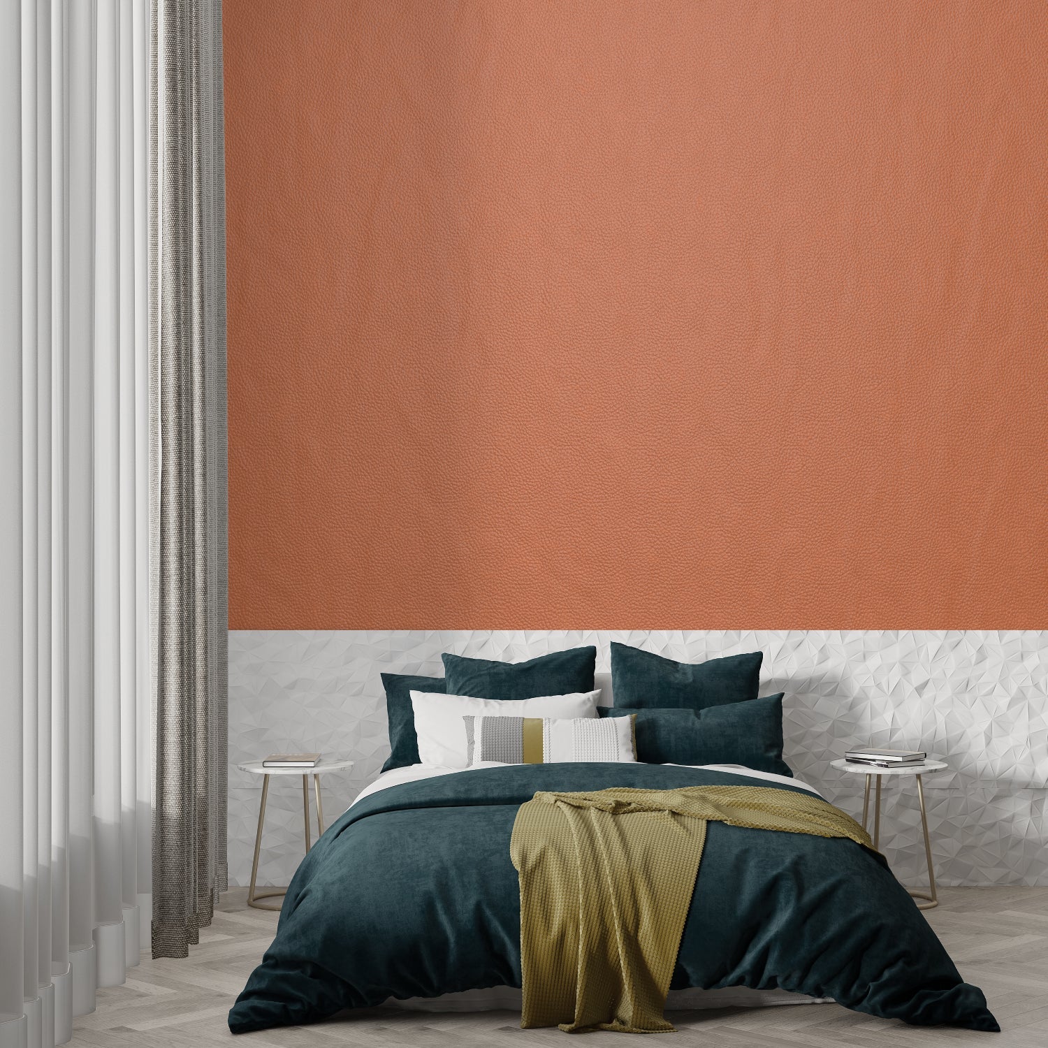 Mediterranean-inspired home office featuring terracotta wall covering