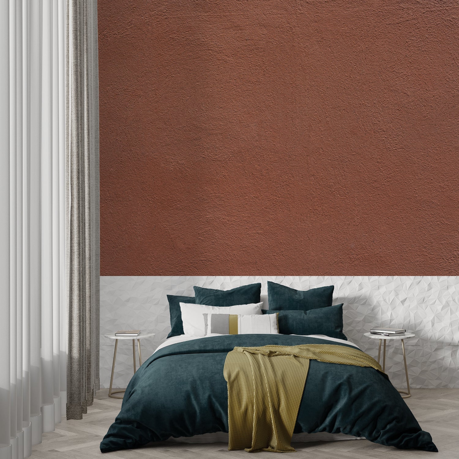 Entryway showcasing textured terracotta wall design in natural daylight