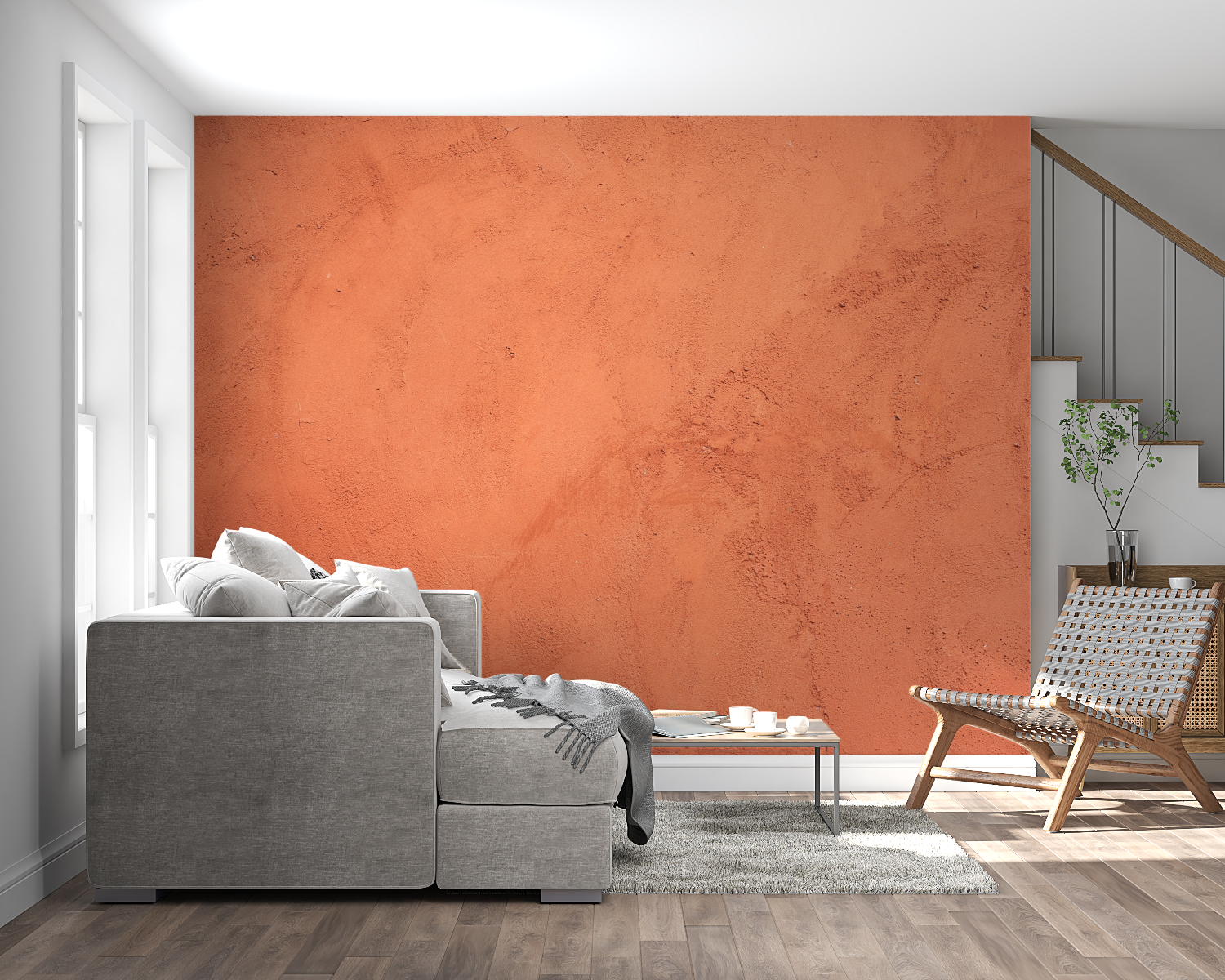 Modern bedroom featuring terracotta mural wallpaper with natural lighting