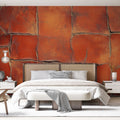 Terracotta stone effect wallpaper in a modern dining room, creating a warm Mediterranean atmosphere with textured wall design