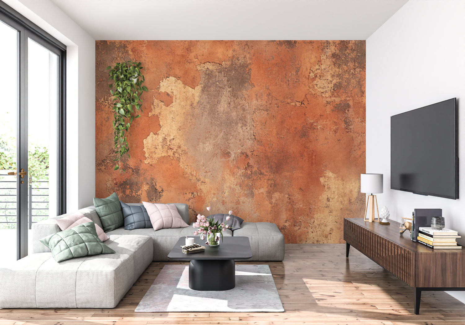 Stone texture mural in hallway with natural light