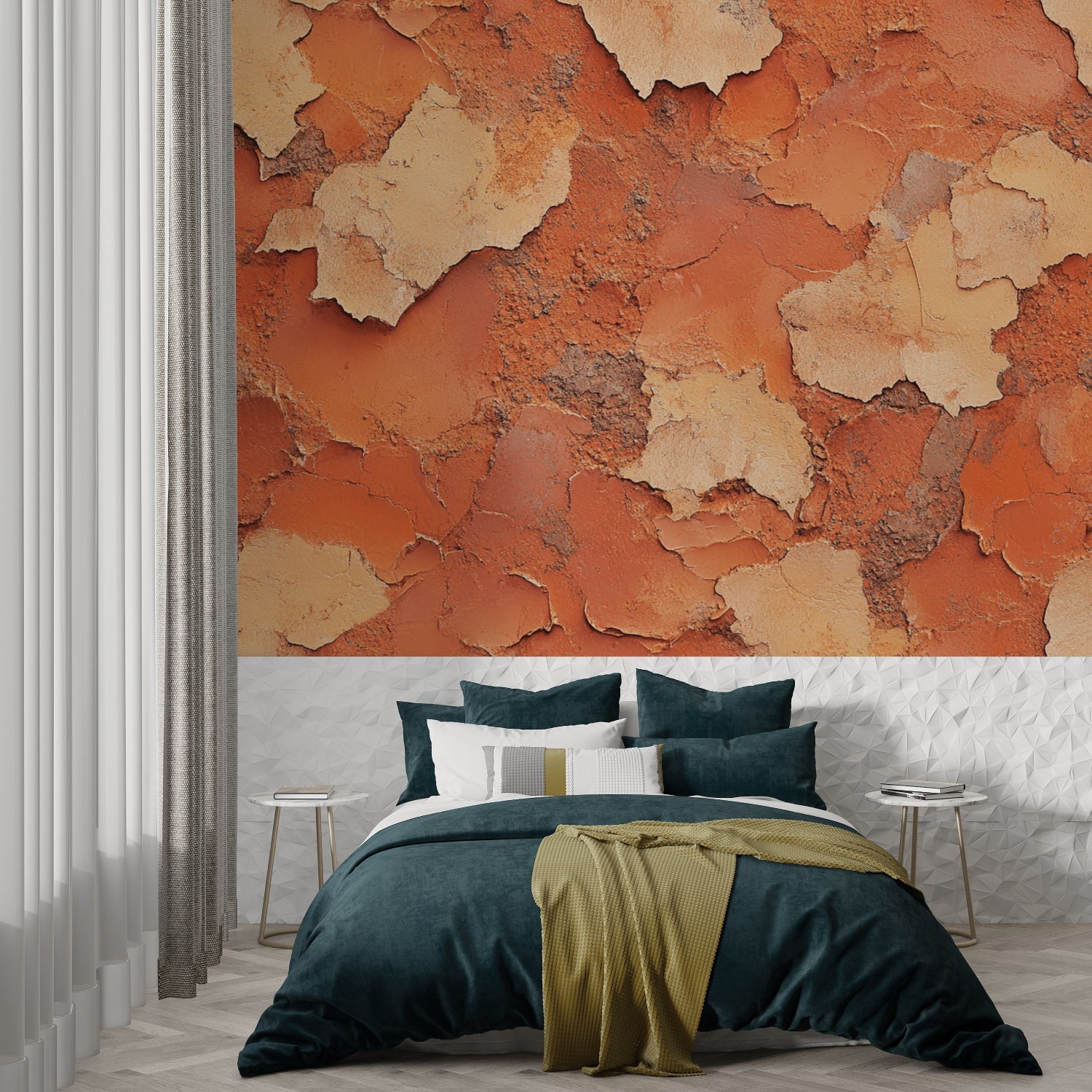 Terracotta wall mural in modern living room showing peeling paint texture effect