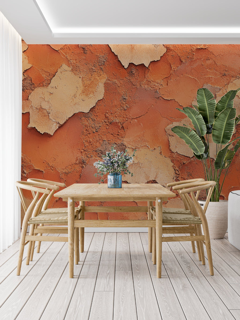 Mediterranean style dining room with terracotta textured wallpaper
