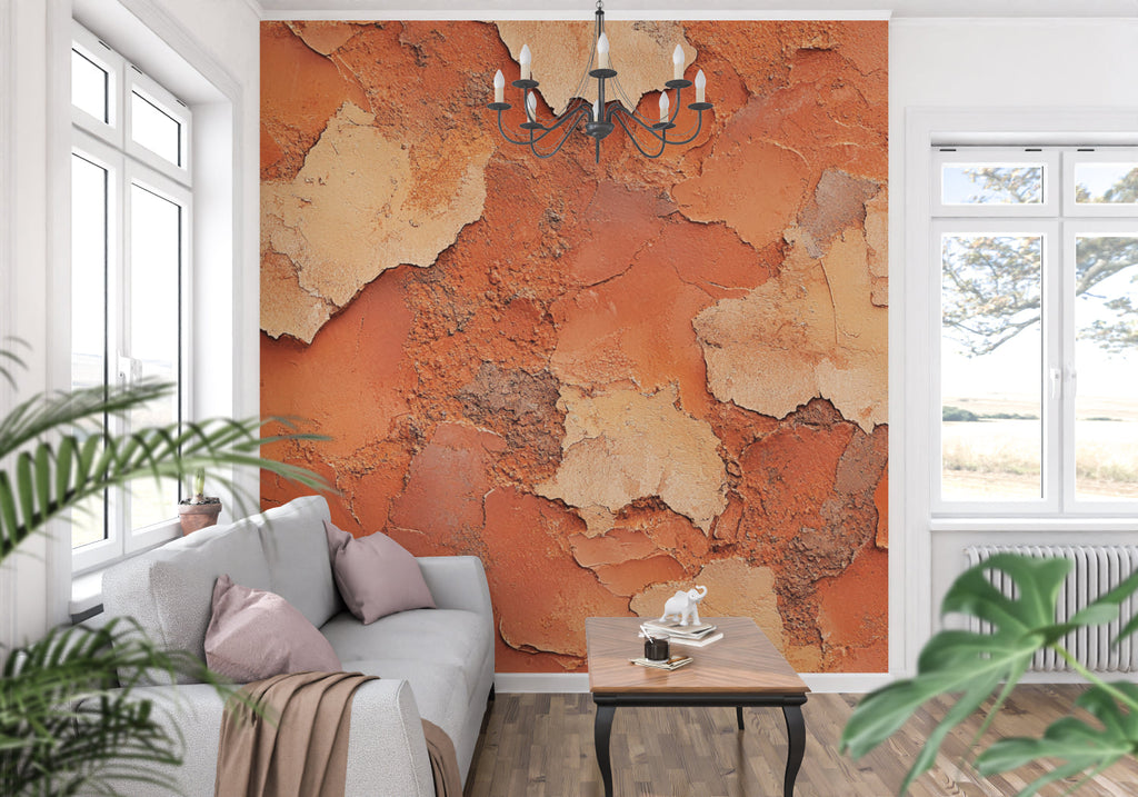 Rustic terracotta wallpaper creating warmth in bedroom setting