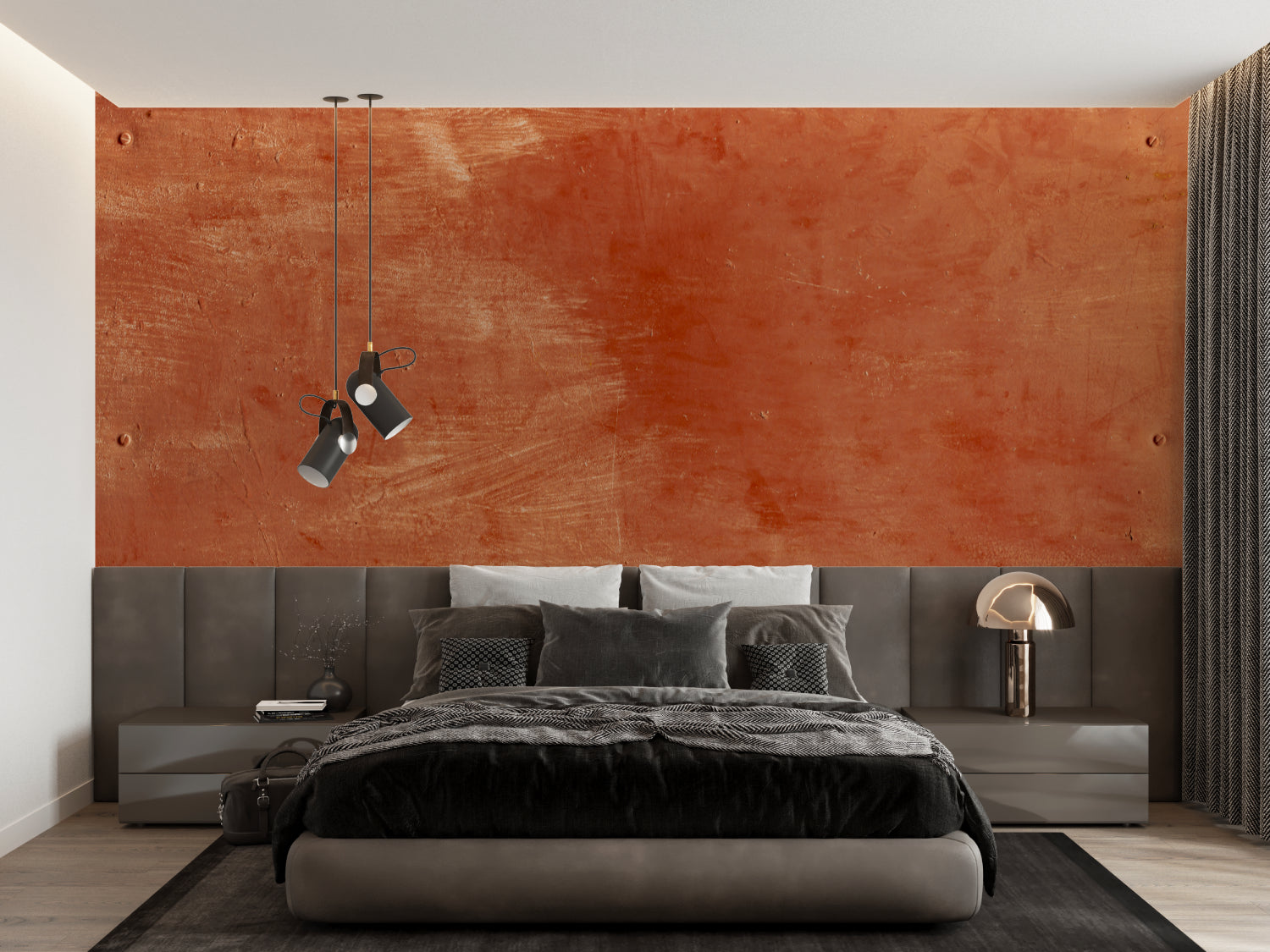 Mediterranean-style dining room featuring textured terracotta wall mural