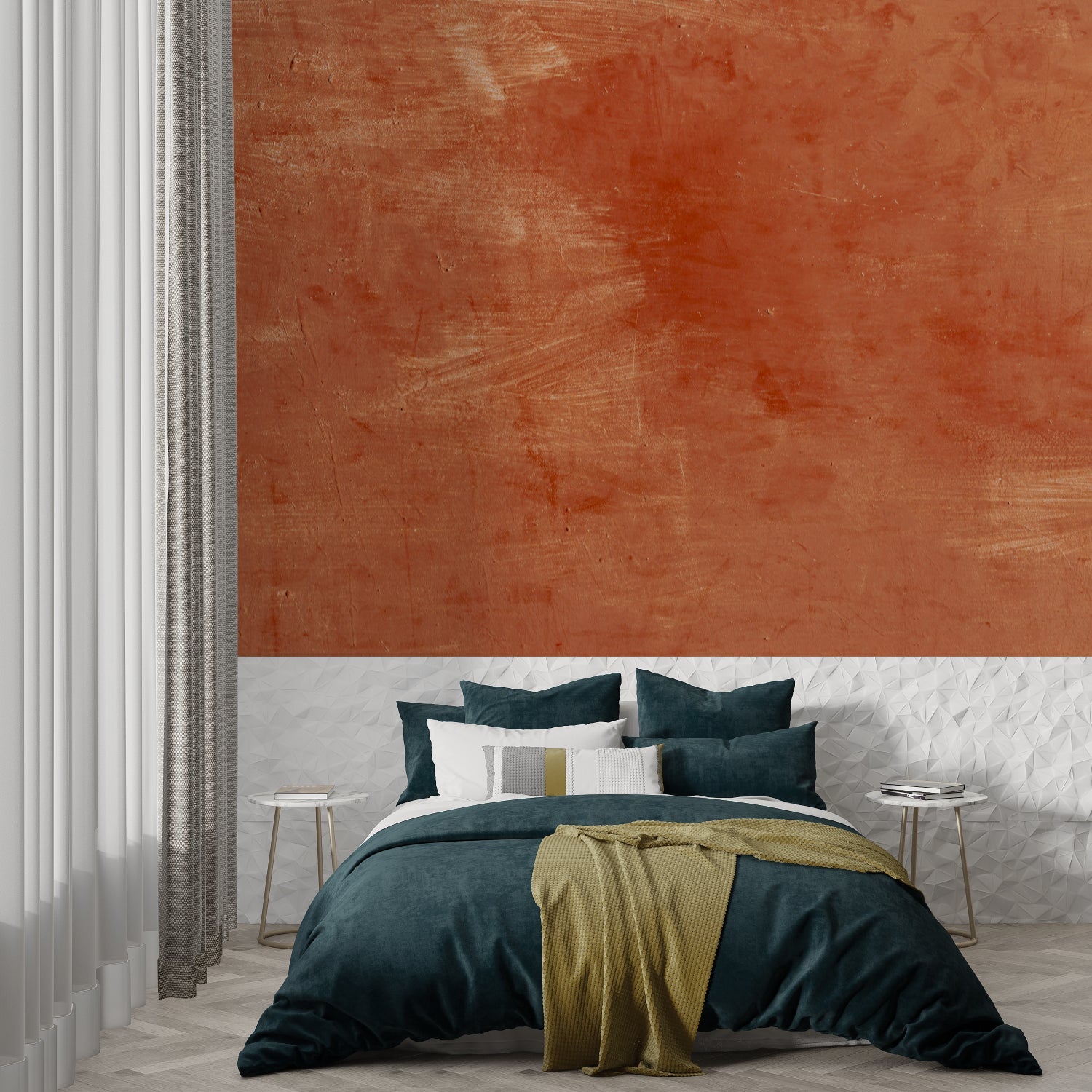 Home office with terracotta accent wall creating a warm work environment
