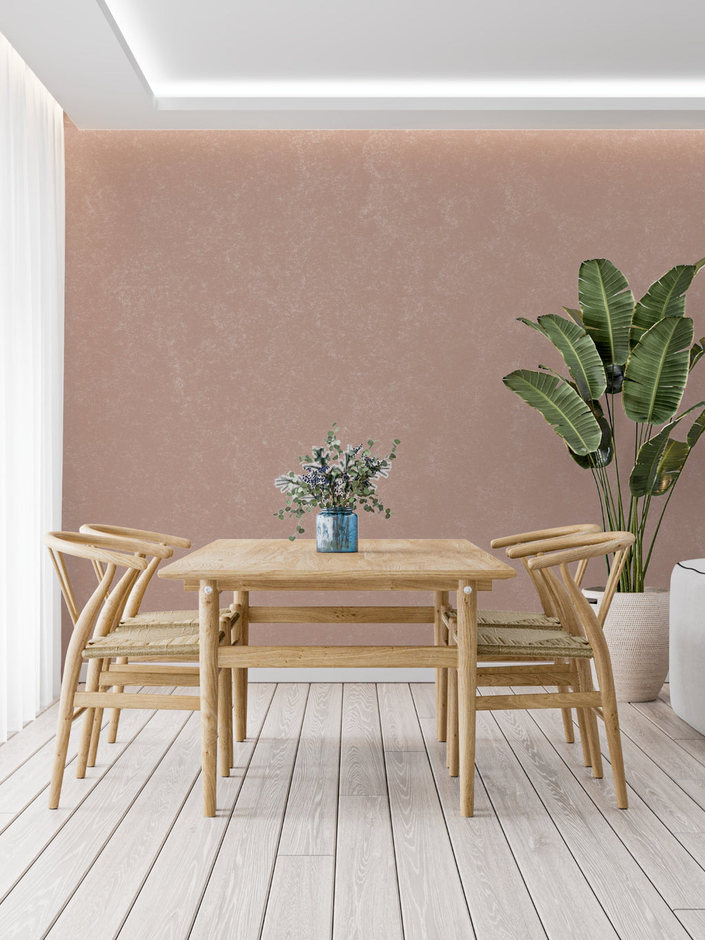 Bedroom featuring soft pink textured wall mural creating cozy atmosphere