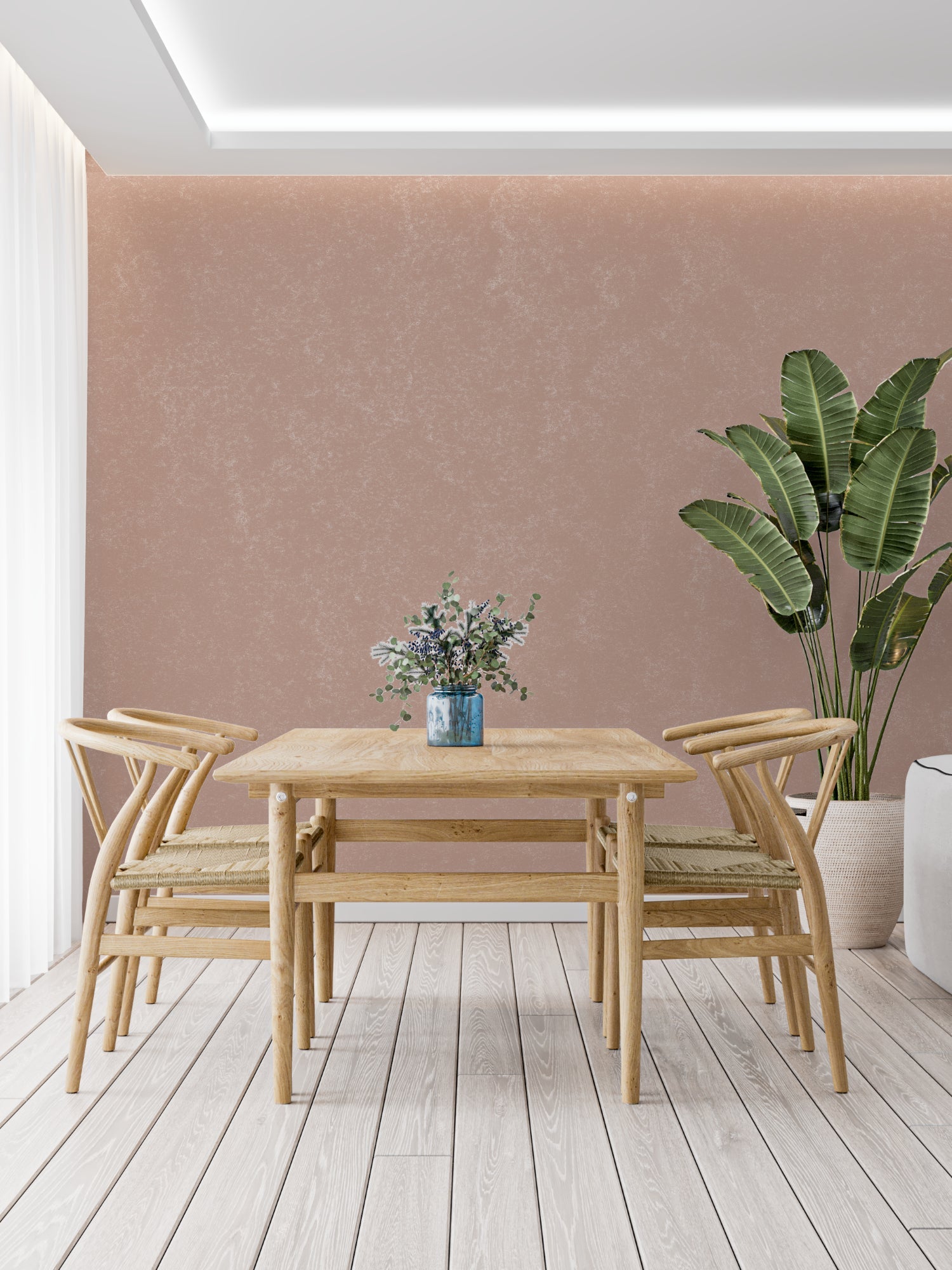 Bedroom featuring soft pink textured wall mural creating cozy atmosphere
