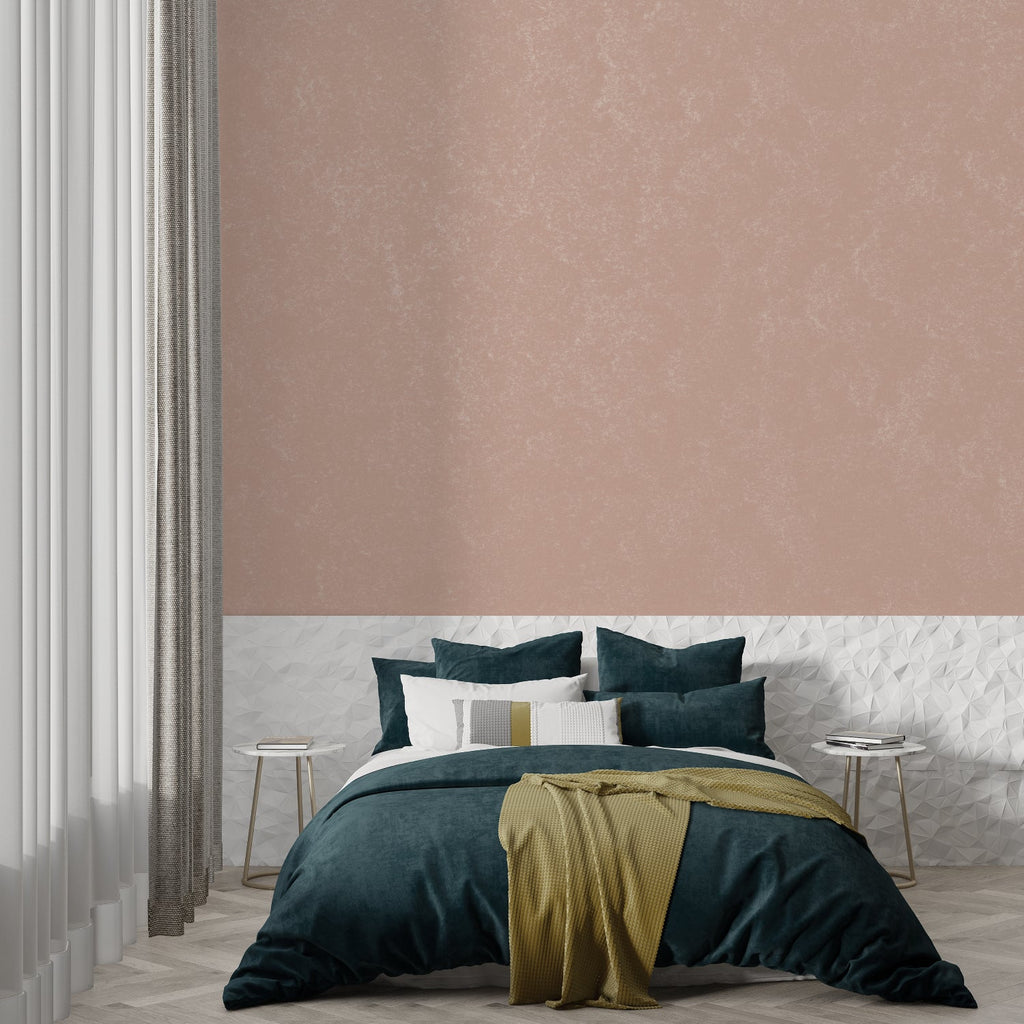 Home office with terracotta wallpaper showing subtle pink tones