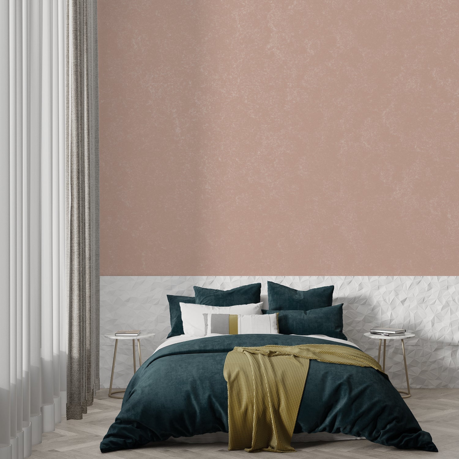Home office with terracotta wallpaper showing subtle pink tones