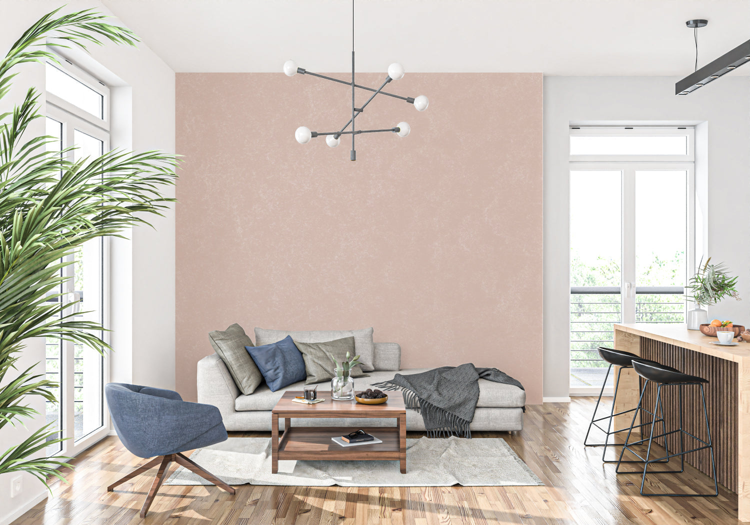 Hallway showcasing textured pink wallpaper with minimalist decor