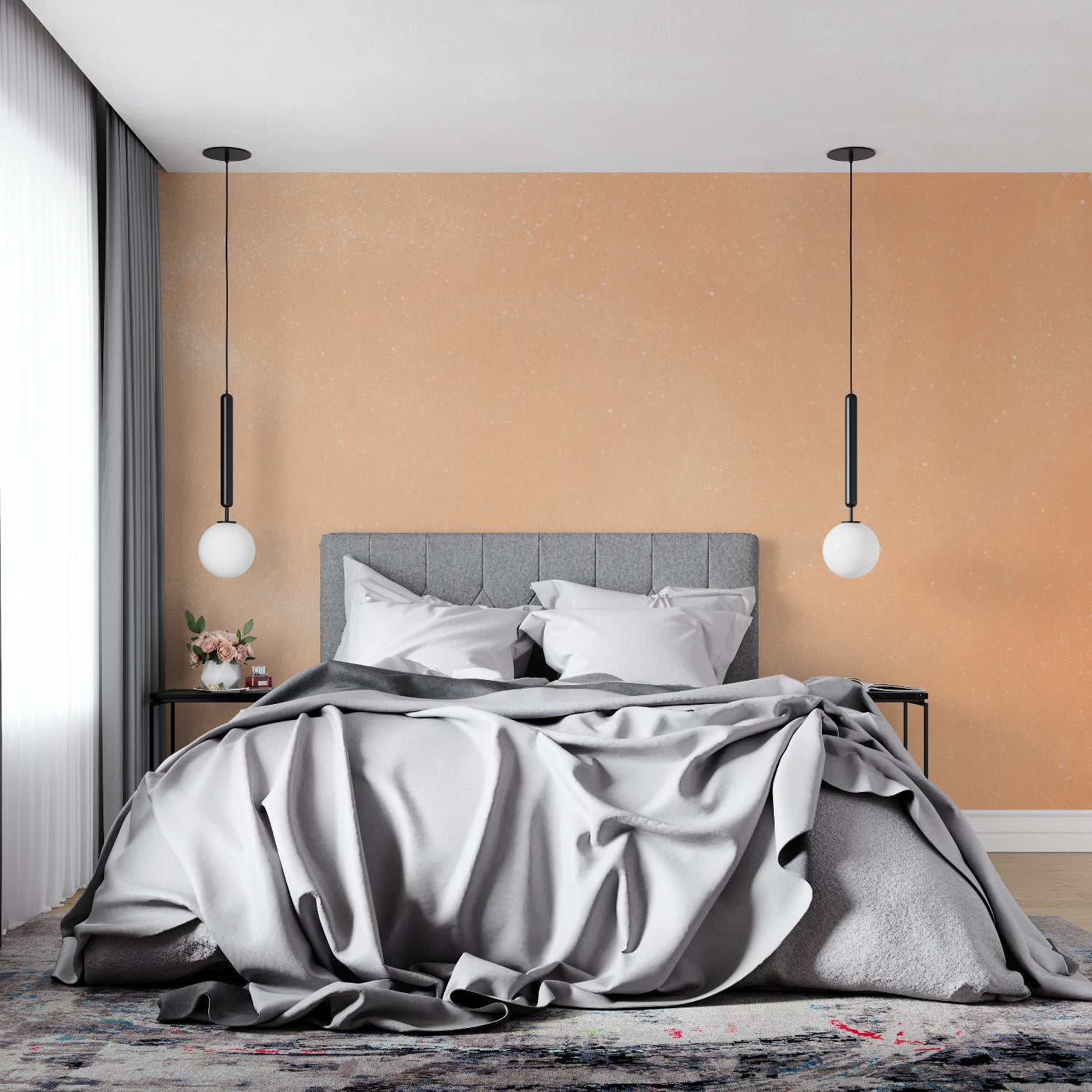 Home office featuring speckled terracotta wallpaper with natural lighting