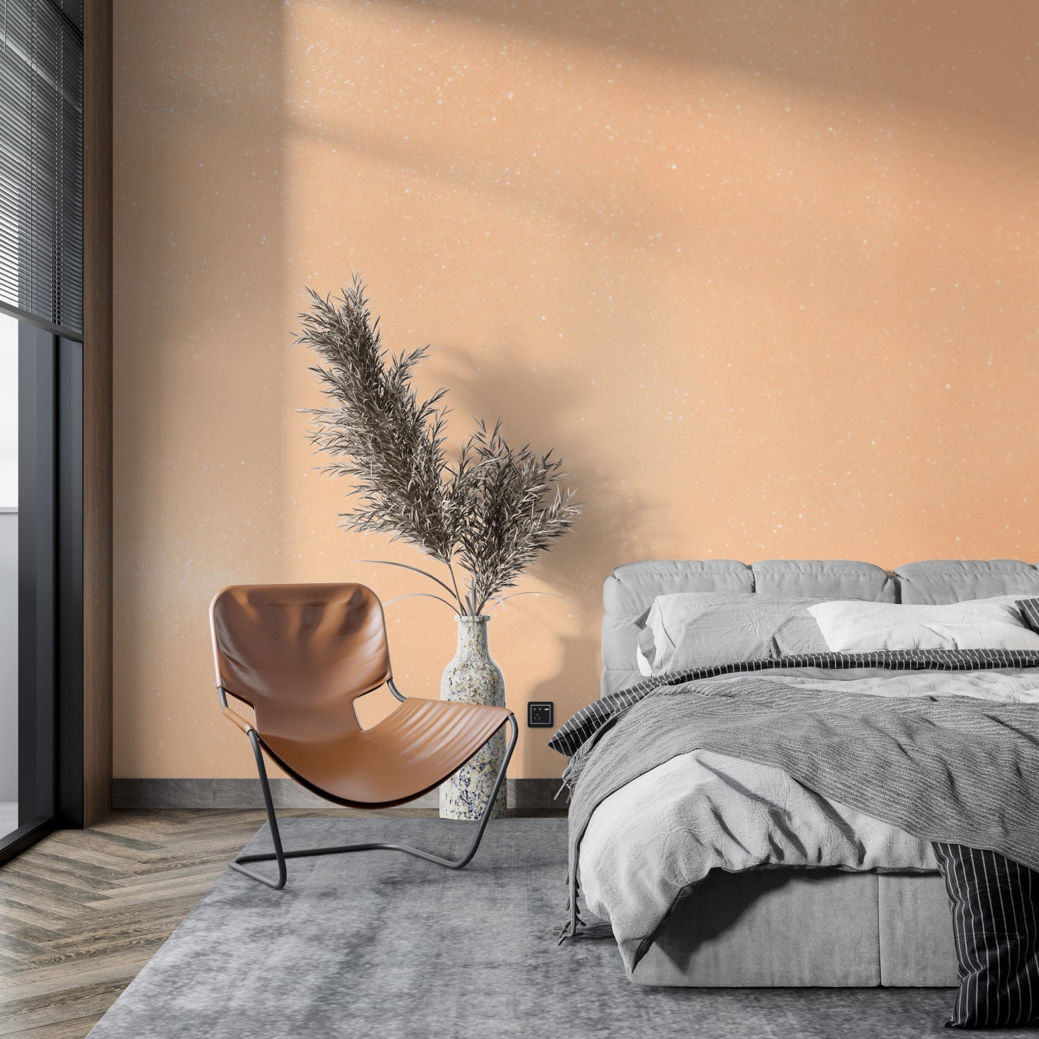Hallway showcasing terracotta mural wallpaper in natural daylight