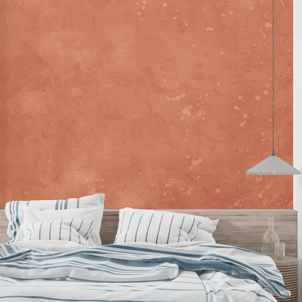 Terracotta Mediterranean wallpaper in modern living room creating warm, inviting atmosphere