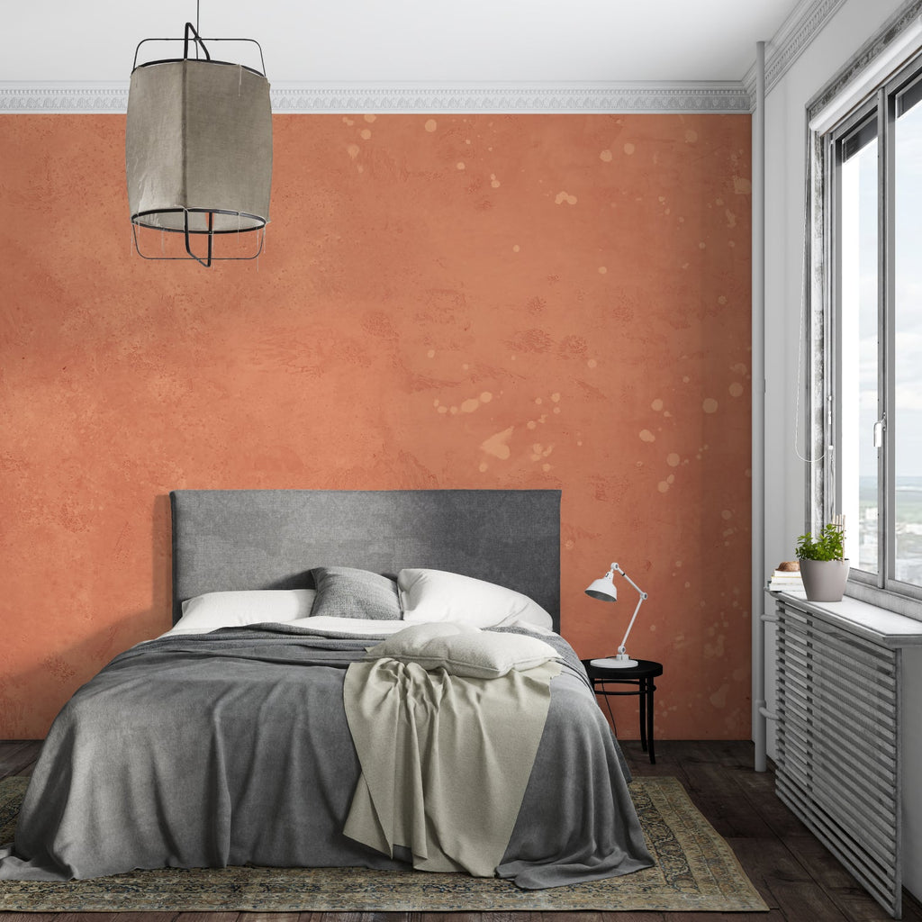Mediterranean-style terracotta wall mural in sunny dining room with natural light