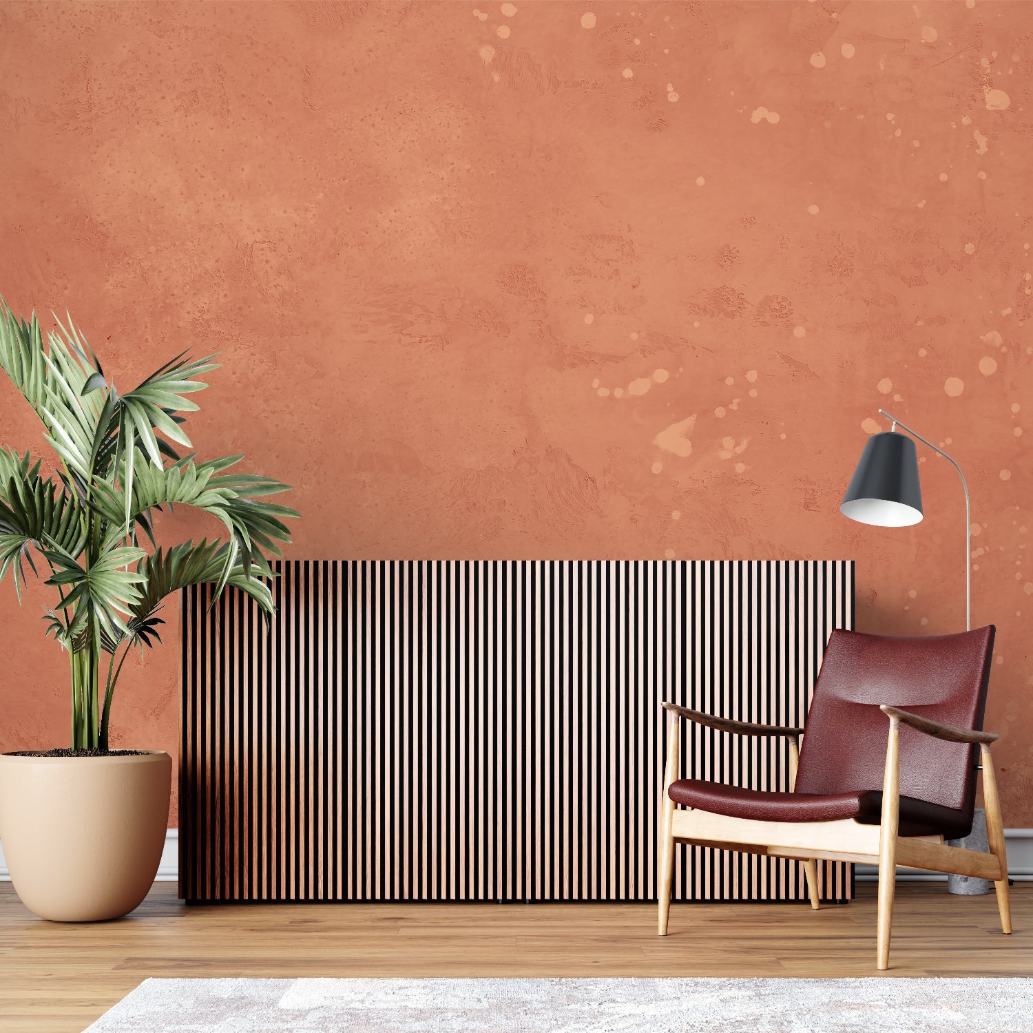 Textured terracotta wallpaper adding depth to minimal bedroom design