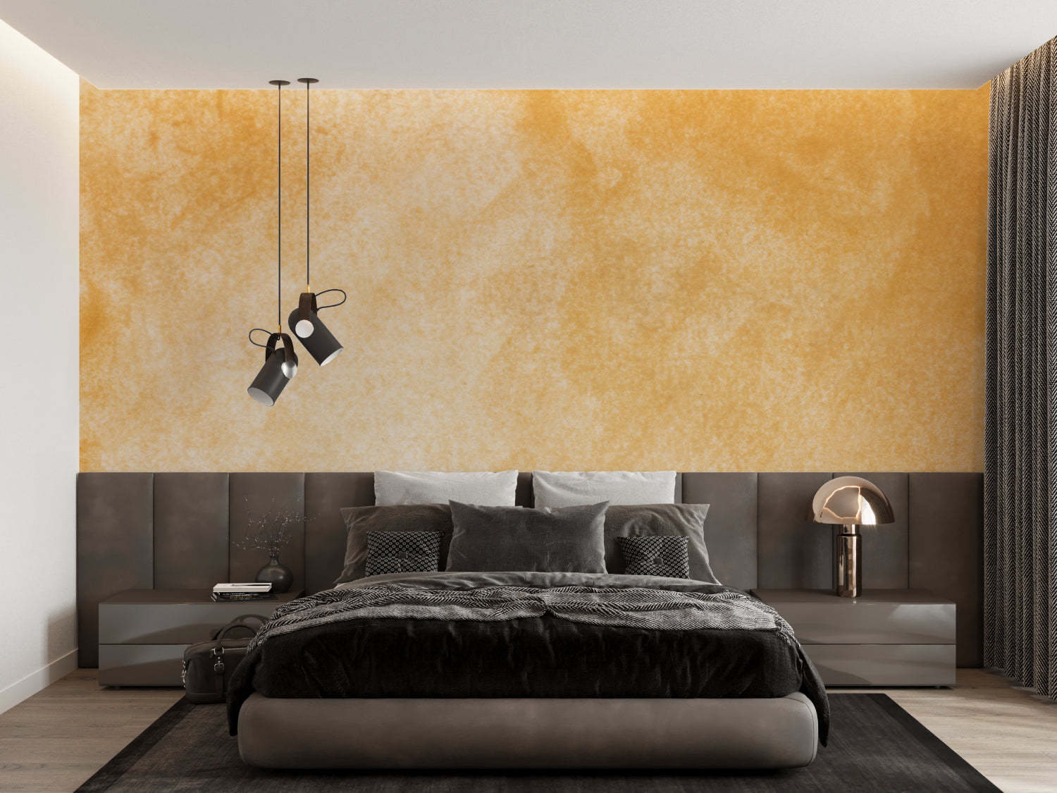 Warm terracotta mural wallpaper in bedroom showing texture detail