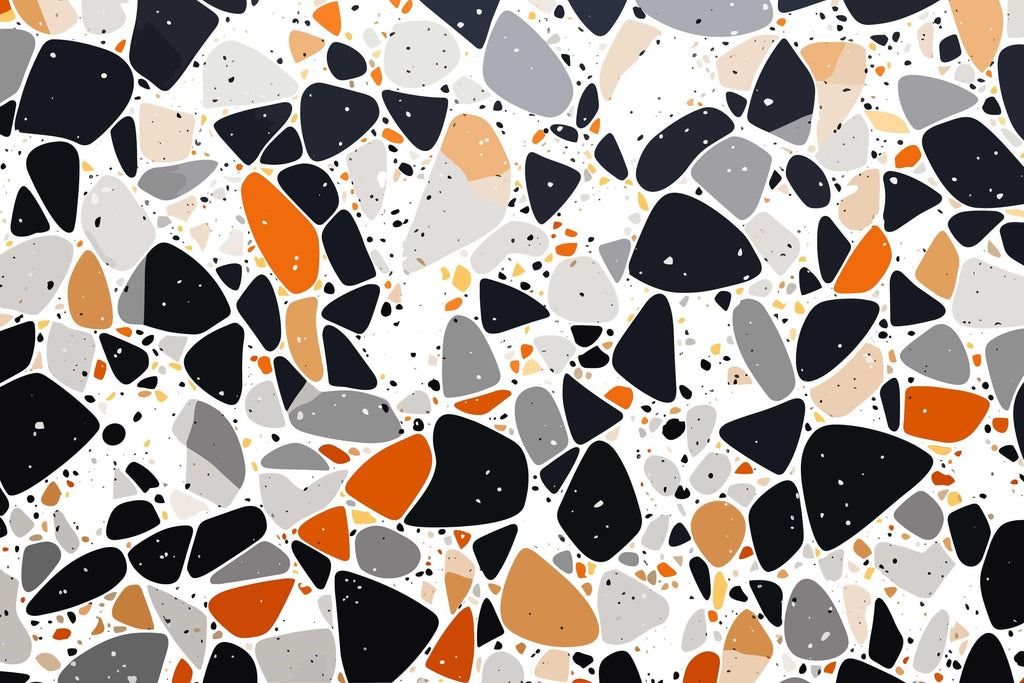 Terrazzo pattern design file showing modern orange and grey geometric shapes on white background
