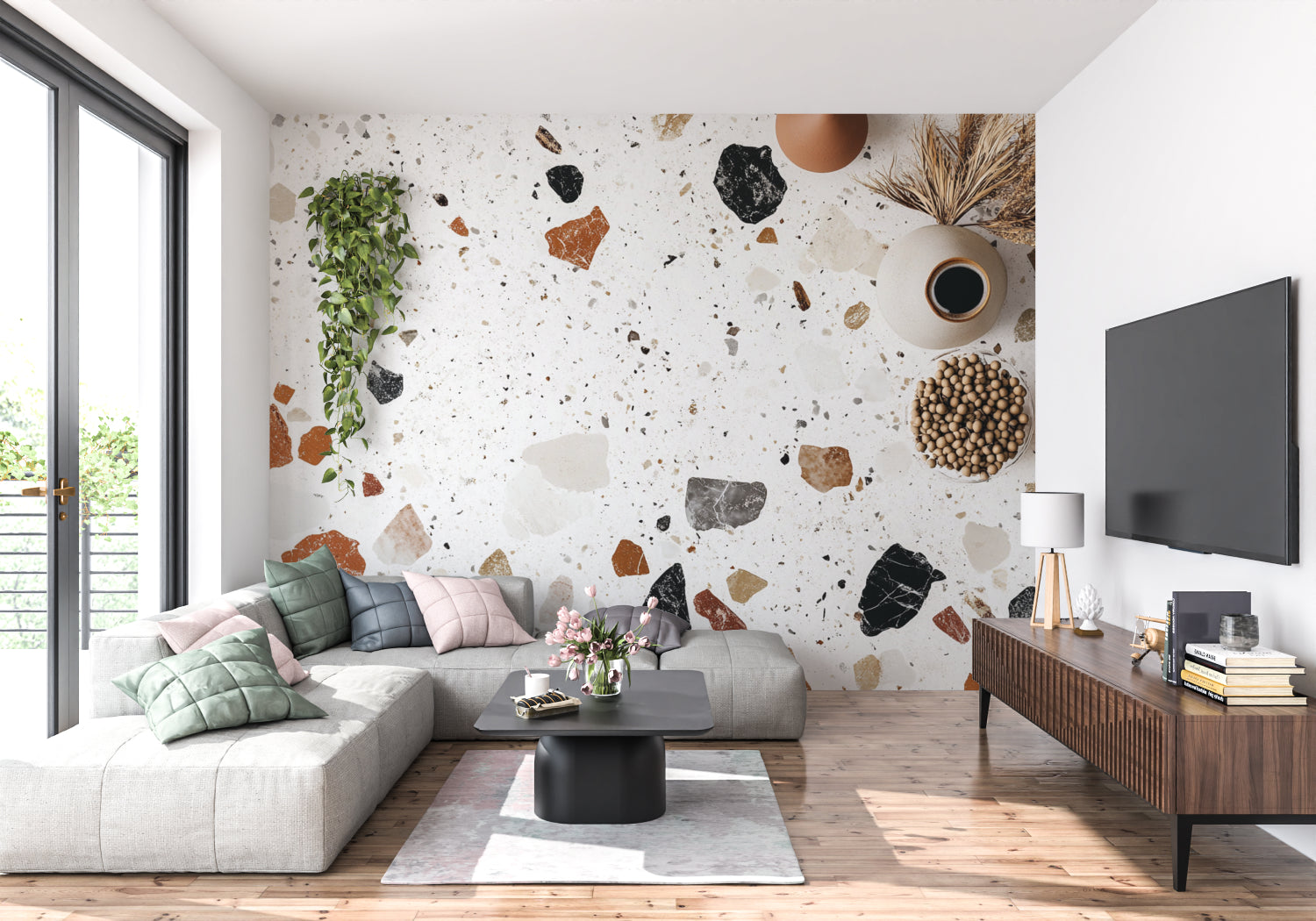 Terrazzo wall mural in minimalist dining room, floating stone design creating depth