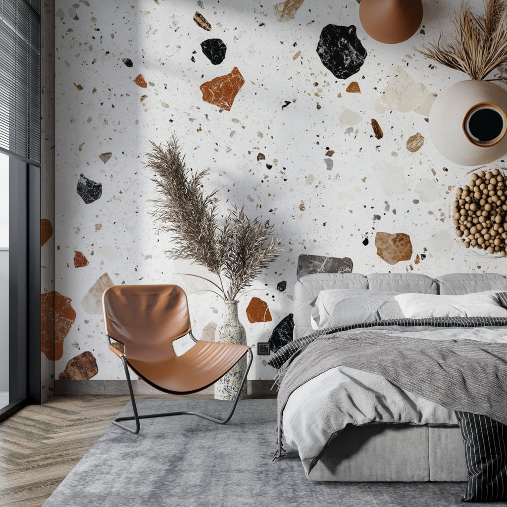 Modern stone wallpaper creating feature wall in bedroom, white and terracotta tones enhancing room ambiance