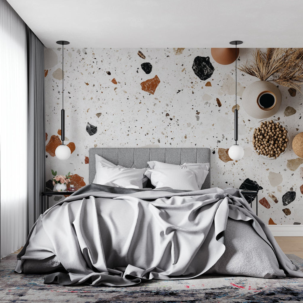 Modern Terrazzo wallpaper in contemporary living room with minimal furniture and natural light