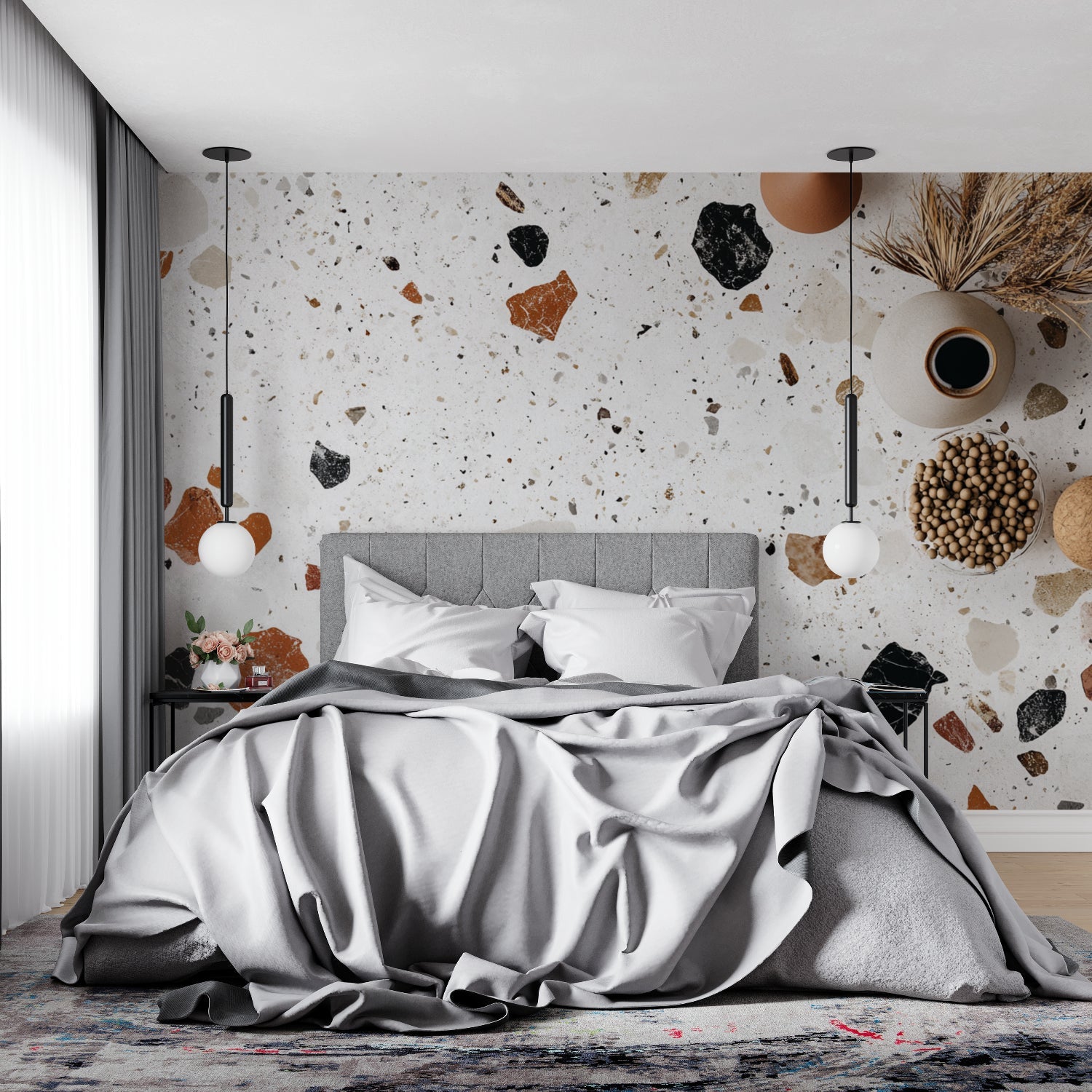 Modern Terrazzo wallpaper in contemporary living room with minimal furniture and natural light