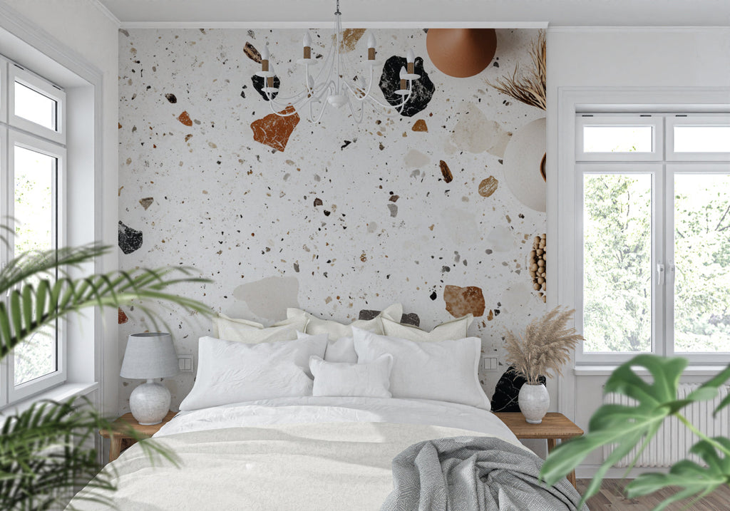 Modern stone pattern wallpaper in home office with wooden desk