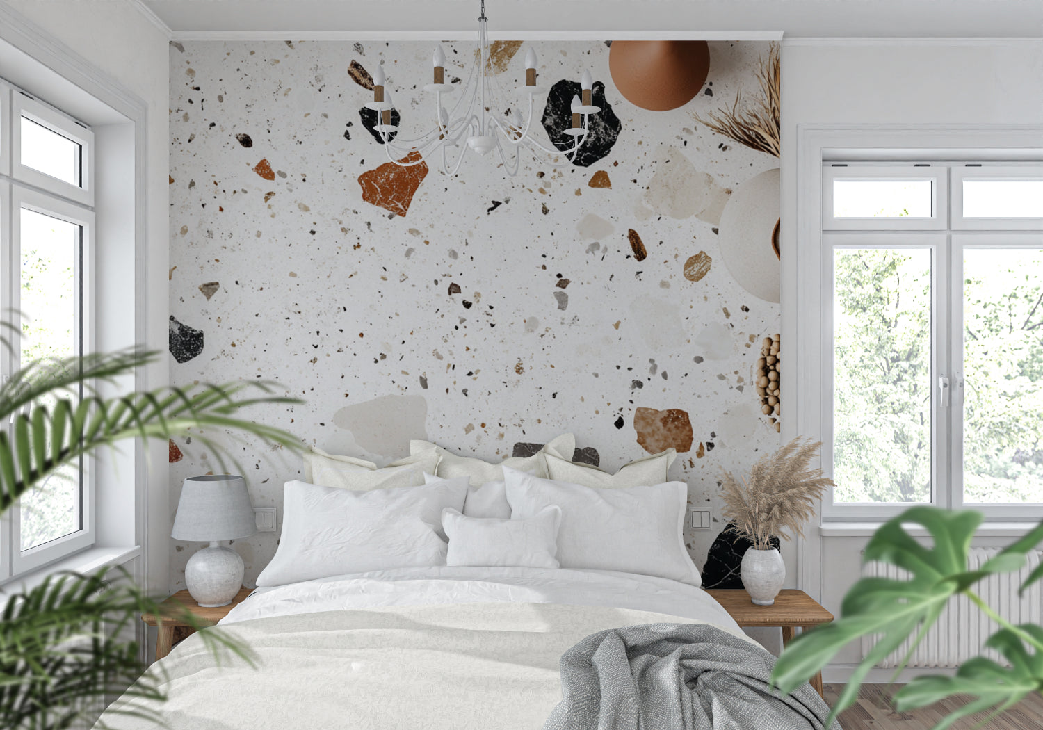 Modern stone pattern wallpaper in home office with wooden desk