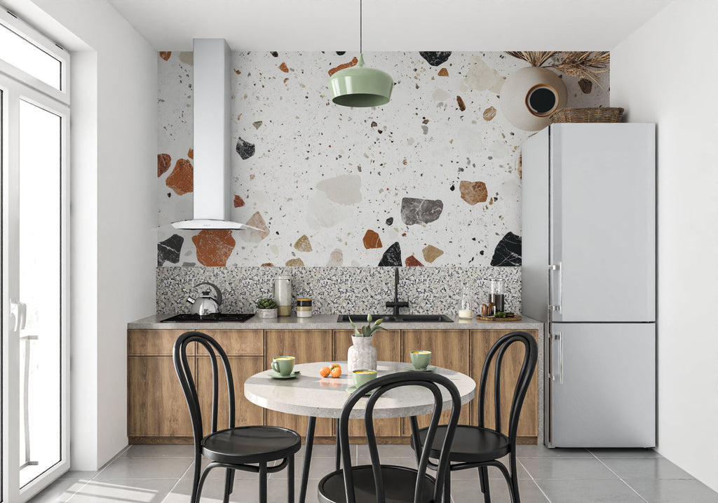 Terracotta and black terrazzo wallpaper in hallway with modern decor