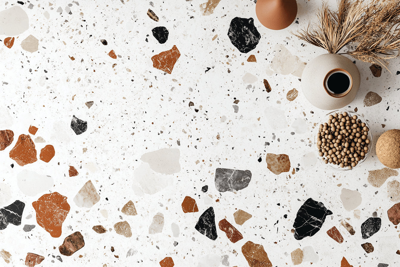 Design file of terrazzo pattern with scattered stone fragments in terracotta and black