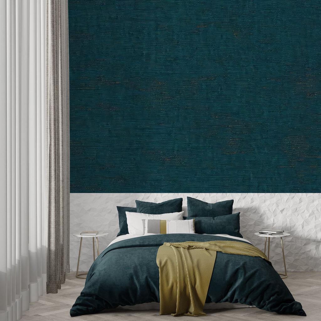Linear texture wallpaper in teal creating a calm dining room atmosphere