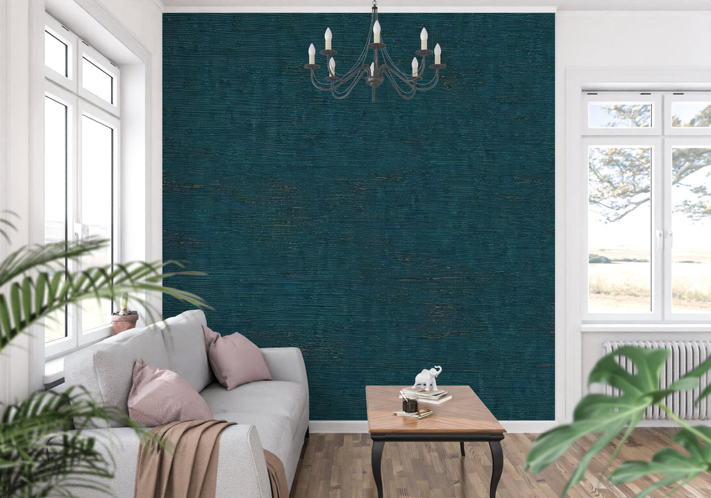 Teal wall mural displaying beautiful light play in an entrance hallway