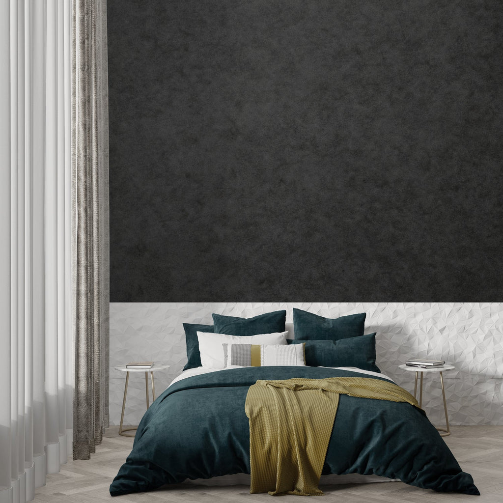 Modern grey textured wallpaper in minimalist living room with leather sofa and brass accents