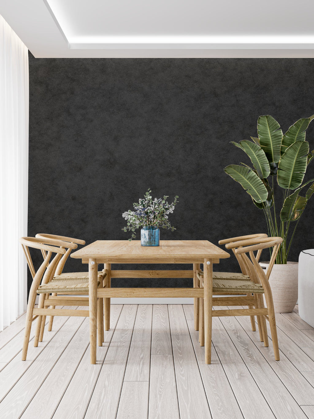 Dark grey textured mural in master bedroom creating moody atmosphere