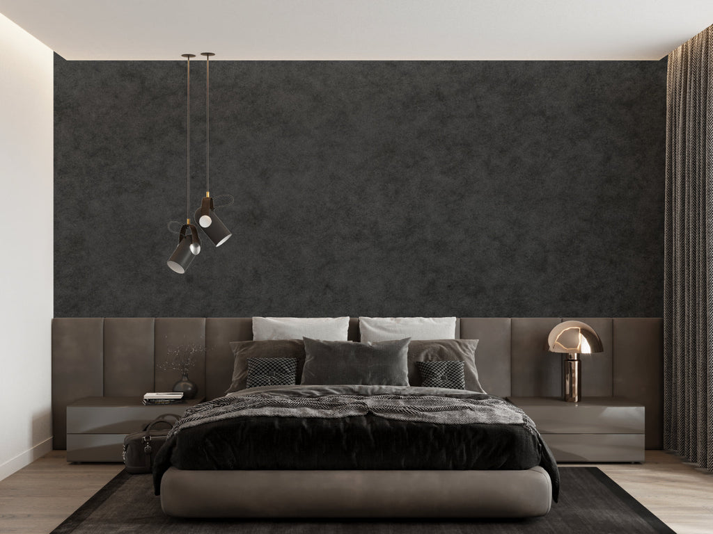 Textured grey wall mural in contemporary dining room with pendant lighting