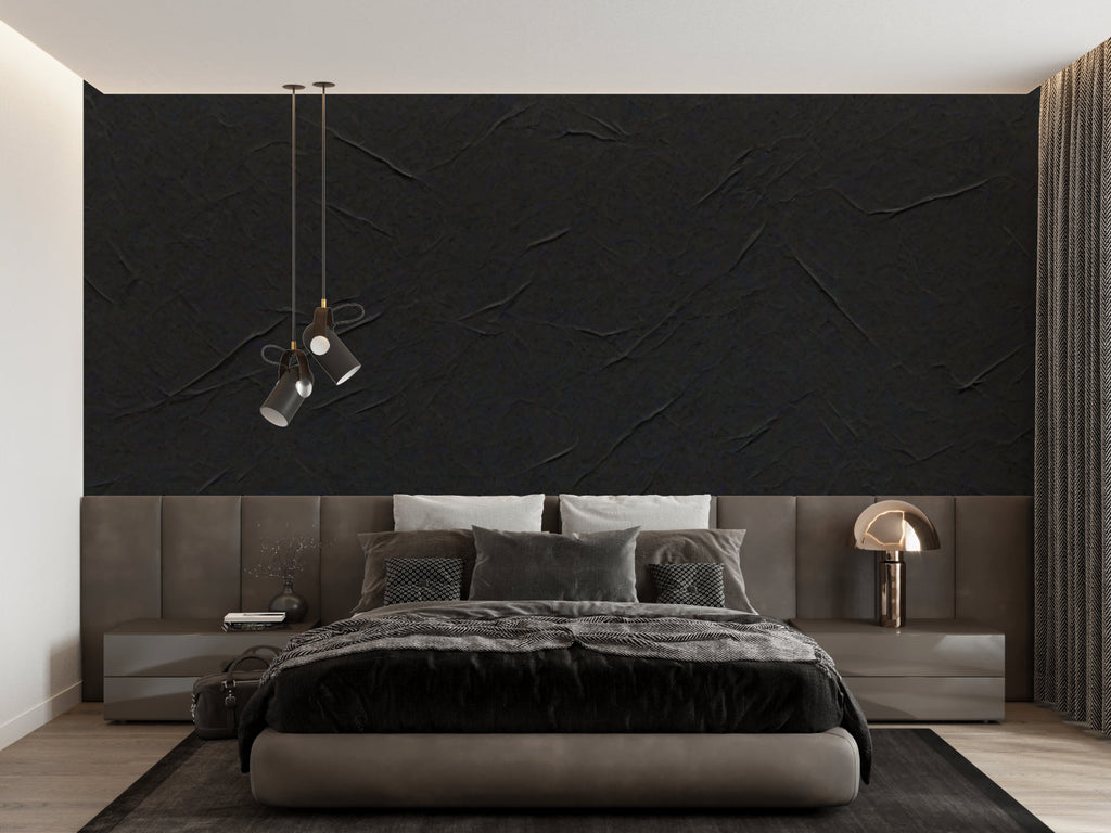 Modern black textured wallpaper in master bedroom with white bedding